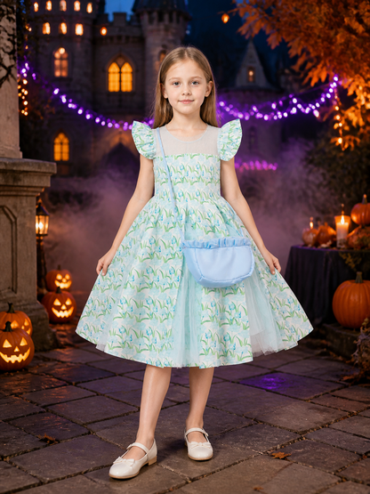 Girls' Blue Floral Princess Dress With Layered Tulle Skirt And Flutter Sleeves Costume Dresses detail 2