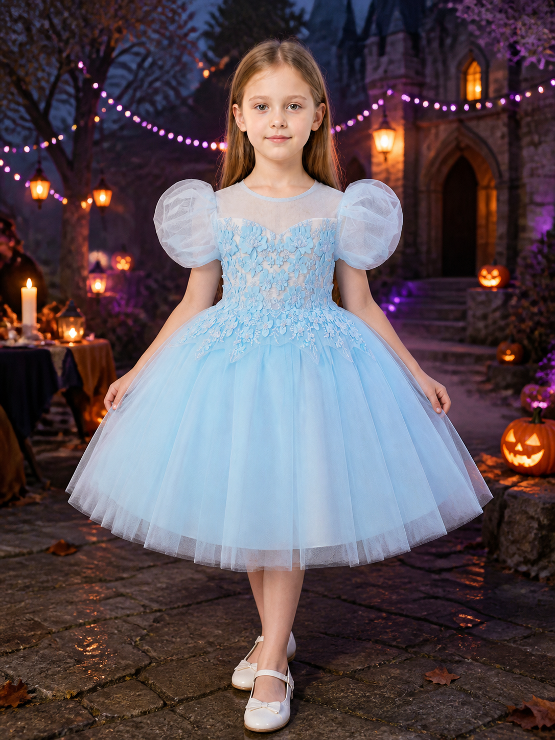 Baby Girls' Princess Party Dress, Sky Blue Tulle Gown With Puff Sleeves And Costume Dresses detail 2