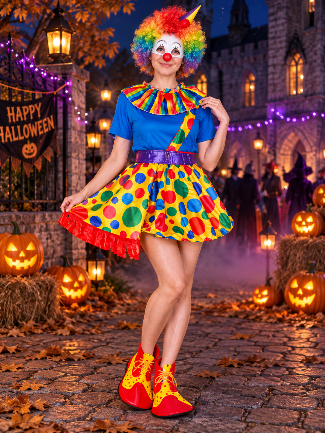 Clown Costume 7 Pieces Blue with Polka Dots, Jabot, and Wig