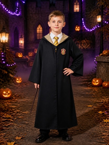 Children's Hufflepuff Wizard Robe Costume Set With Hooded Robe And Striped Tie Costumes detail 2