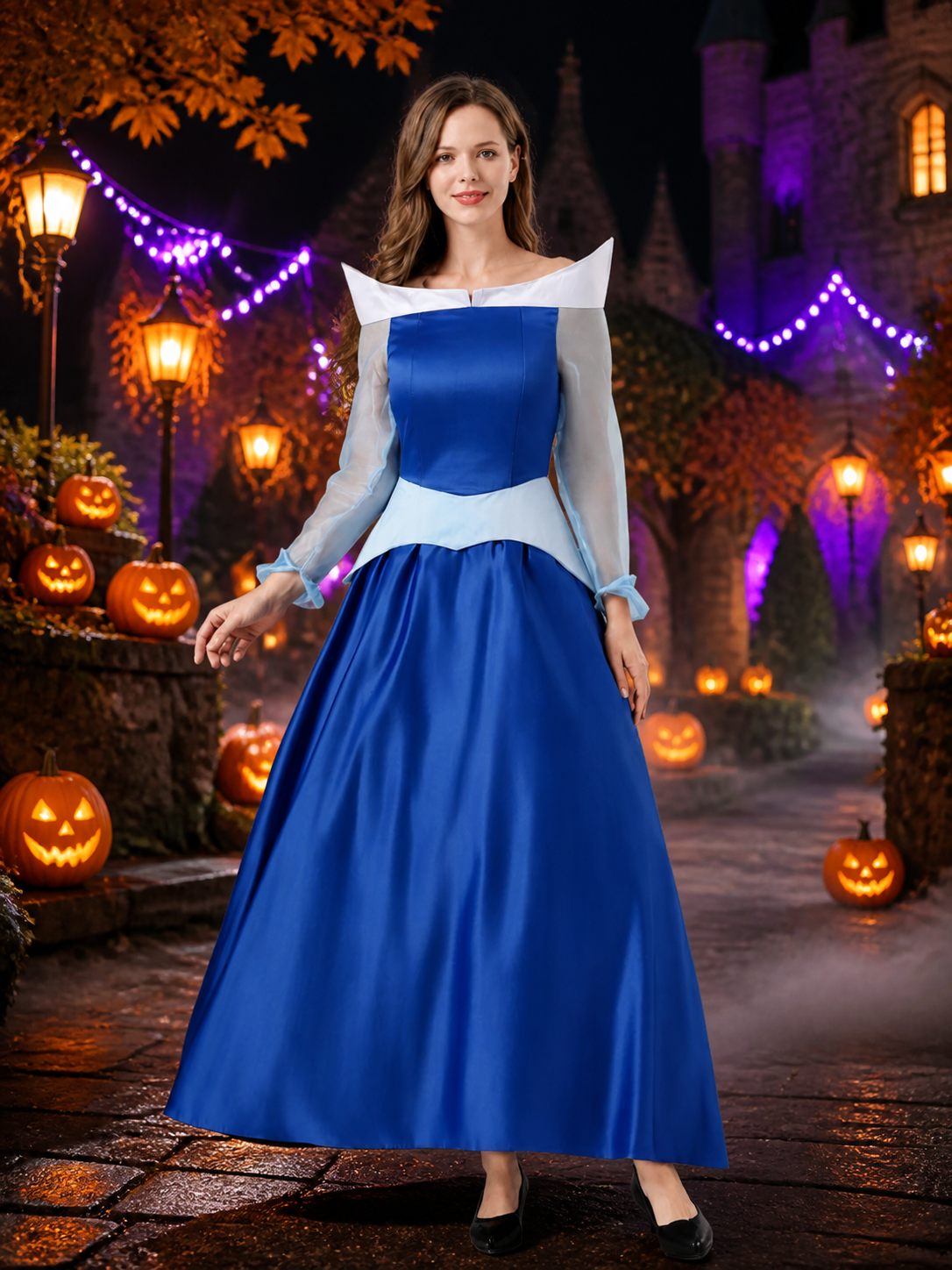 Women's Sleeping Beauty Princess Costume Dress - Blue & White, Long Sleeve, Full Costume Dresses detail 2