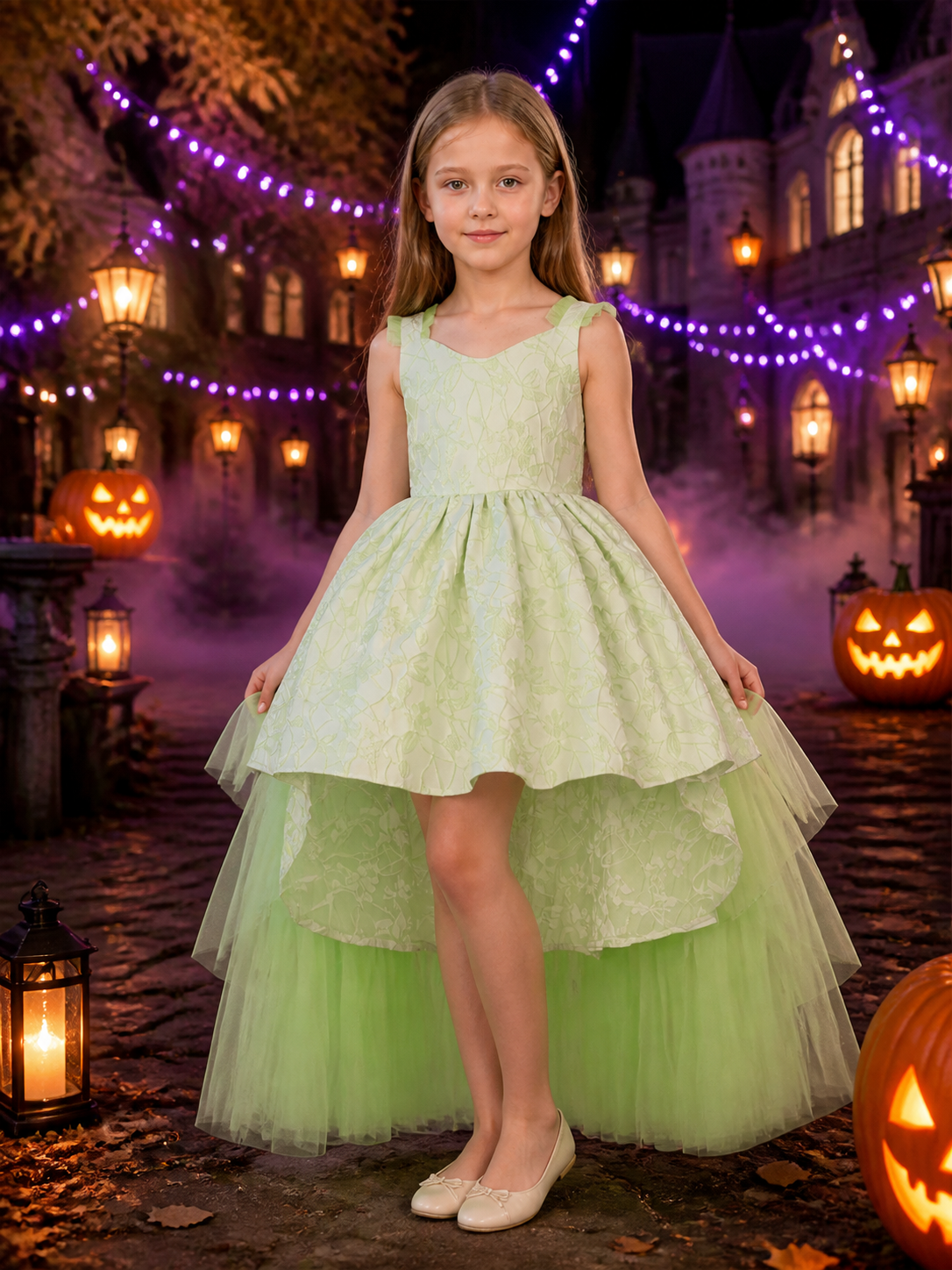Girls' Apple Green Princess Flower Girl Dress, V-Neck Sleeveless Layered Tulle Costume Dresses detail 2
