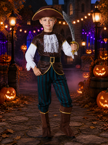 Kids' Pirate Captain Costume Set, Gold Trimmed Vest, Striped Pants, Hat and Boot Costume Headwear detail 2