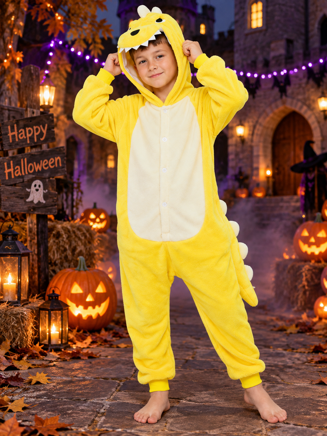 Kids' Dinosaur Kigurumi Pajama, Yellow, with Hood