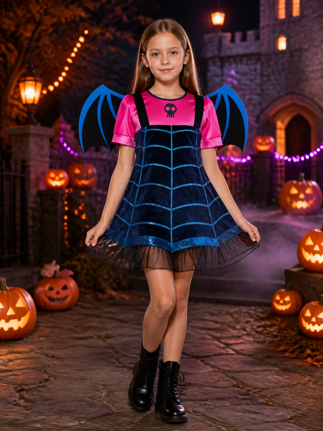 Kids Witch Costume Dress with Bat Wings, Witch Hat and Skeleton Detail Halloween Costume Dresses detail 2