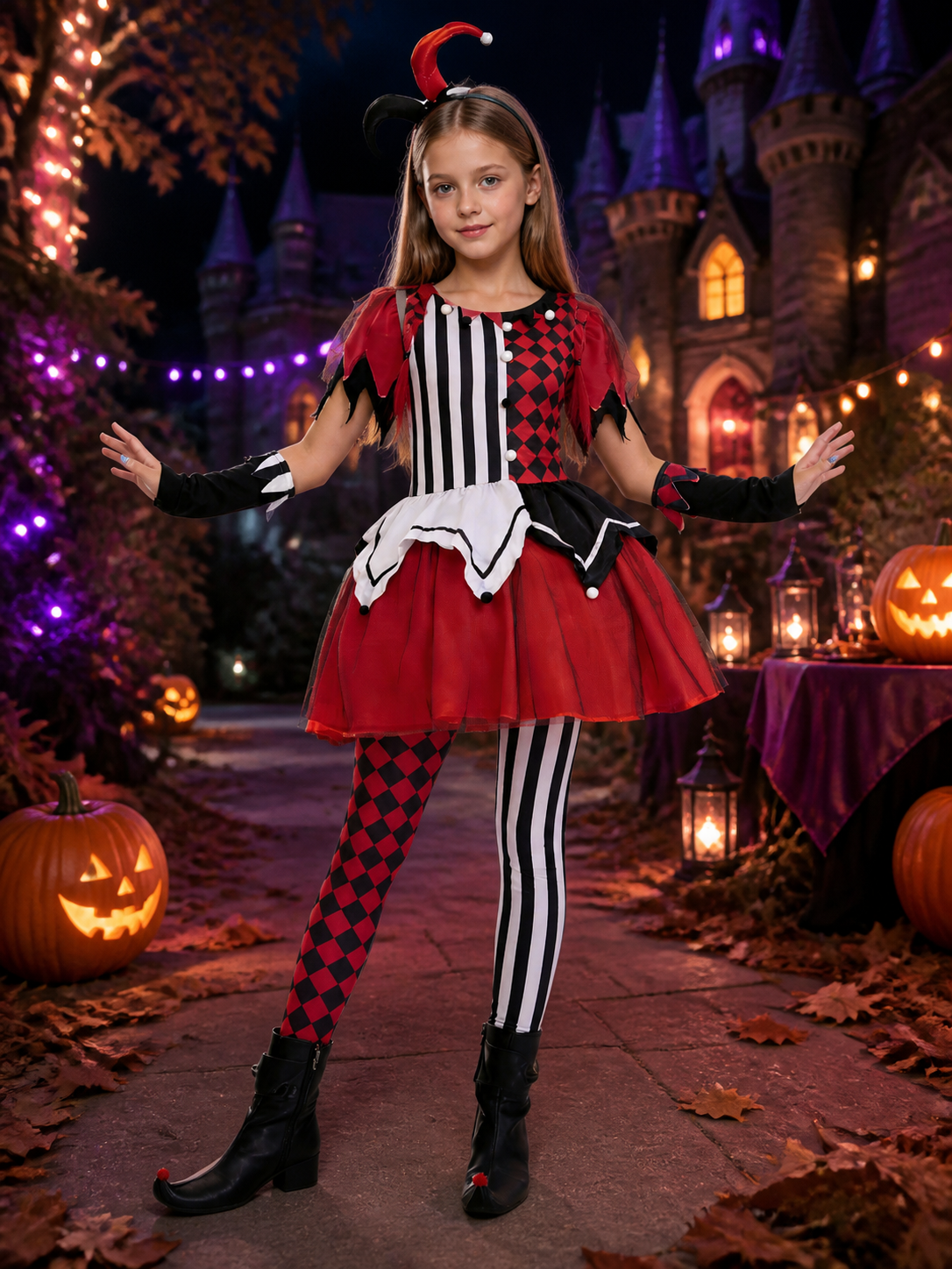 Kids Clown Costume Dress, Asymmetric Striped Tutu with Pom Pom Trim for Costume Dresses detail 2
