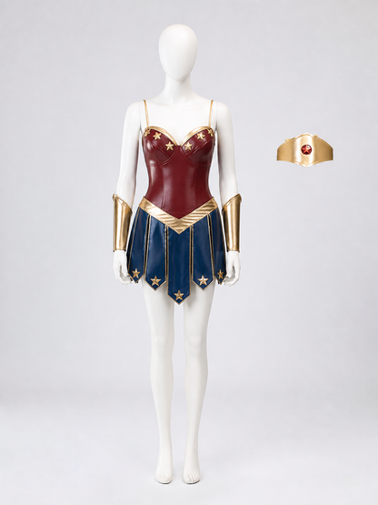 Adult Wonder Woman-Inspired Bodysuit Costume Set with Headpiece and Arm Sleeves Costume Headwear detail 2