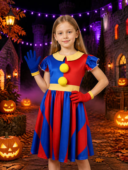 Pomni Clown Costume Dress Set, Red Blue Geometric Dress With Matching Gloves on-model Halloween scene view