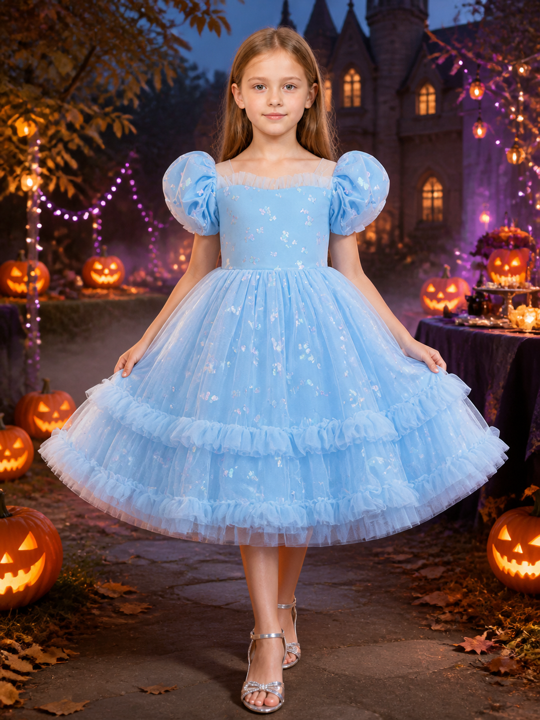 Toddler Girls' Sky Blue Princess Dress with Puff Sleeves, Layered Tulle Ruffles Costume Dresses detail 2