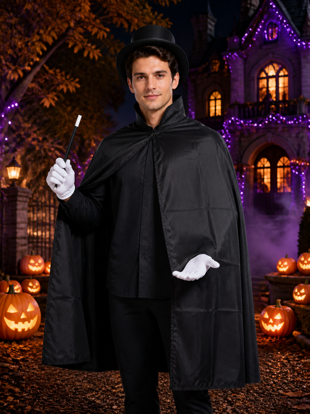 Wizard Halloween Costume Set with Black Cape, Top Hat, Gloves & Magic Wand Costume Capes detail 2