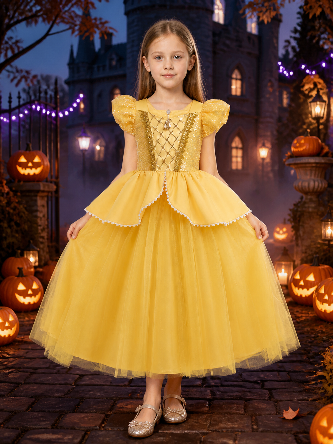 Girls Belle Princess Sequin Tulle Dress Costume for Halloween Birthday Costume Dresses detail 2