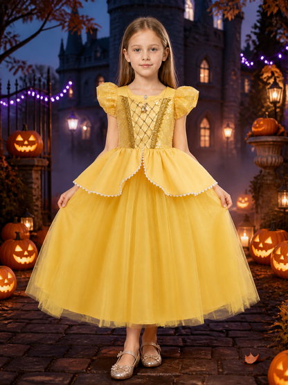 Girls Belle Princess Sequin Tulle Dress Costume for Halloween Birthday Costume Dresses detail 2