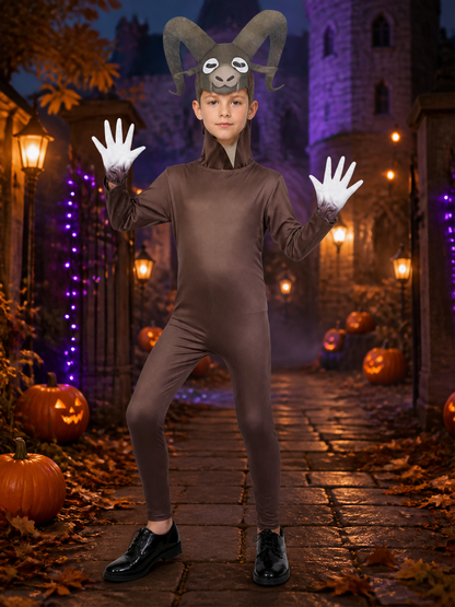 Goat Monster Kids Costume, Brown Animal Onesie with Horned Mask for Halloween on-model Halloween scene view