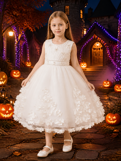 Toddler Girls' White Princess Dress with Floral Embroidery, Beaded Waist and