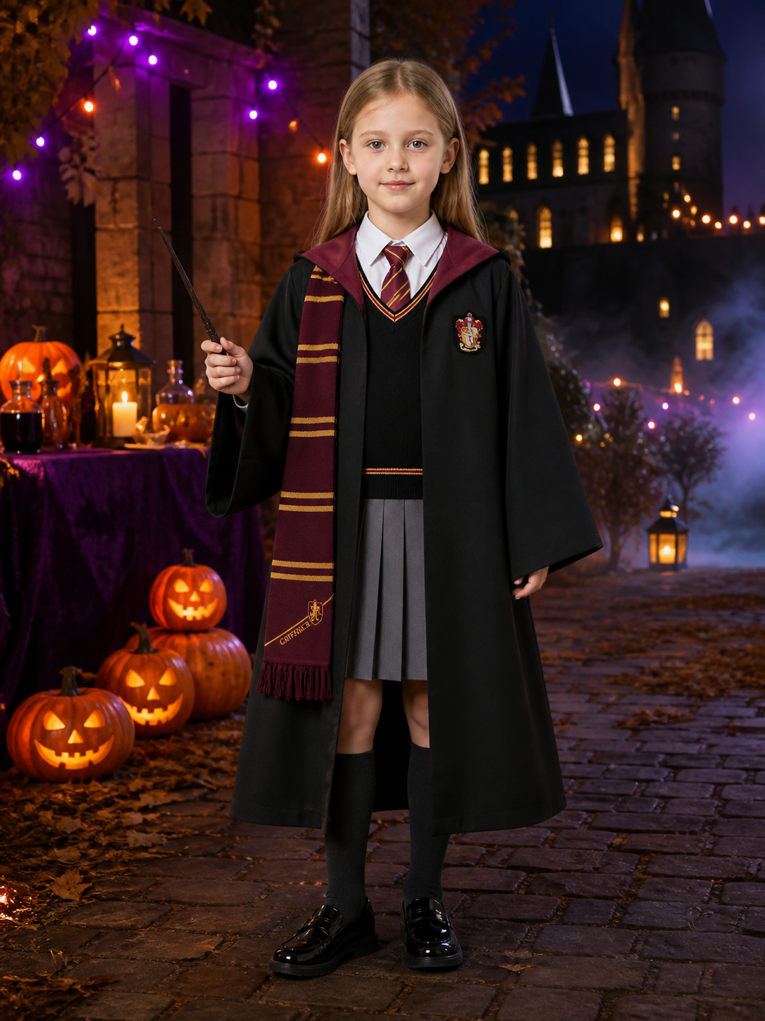 Kids Wizard Robe Costume Set, Hooded Cloak With Tie, Scarf, Wand, Shirt, Skirt Costume Capes detail 2