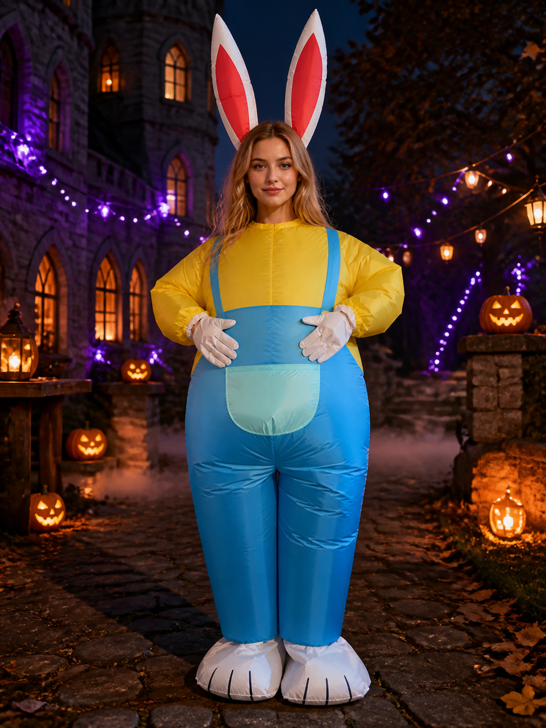 Adult Rabbit Costume, Blue-Yellow Animal Jumpsuit with Long Ears and Belly Costumes detail 2
