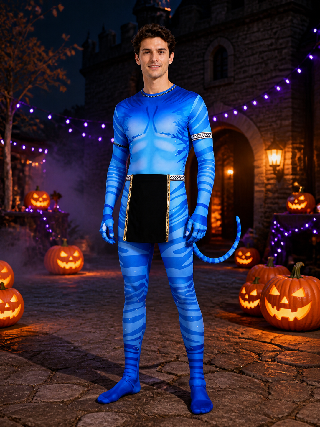 Blue Striped Alien Bodysuit Costume with Tail, Halloween Outfit