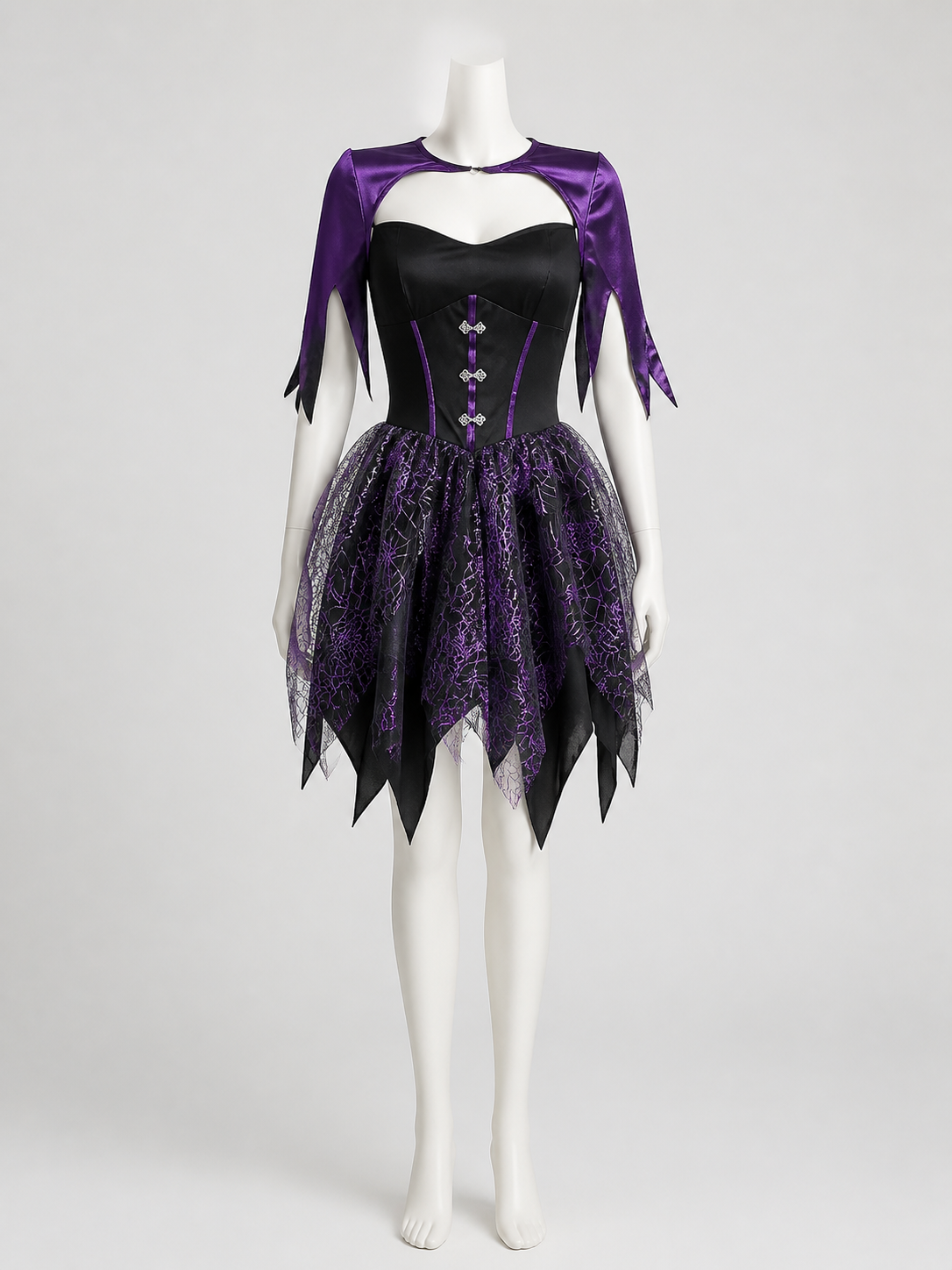 Black And Purple Witch Costume Dress With Spiderweb Print And Asymmetrical Hem Costume Dresses detail 2