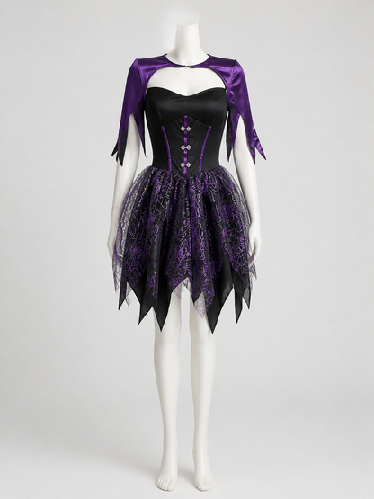 Black And Purple Witch Costume Dress With Spiderweb Print And Asymmetrical Hem Costume Dresses detail 2