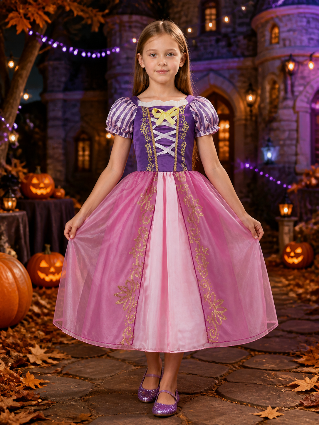 Little Girls' Rapunzel Cinderella Princess Halloween Costume Dress, Purple Pink