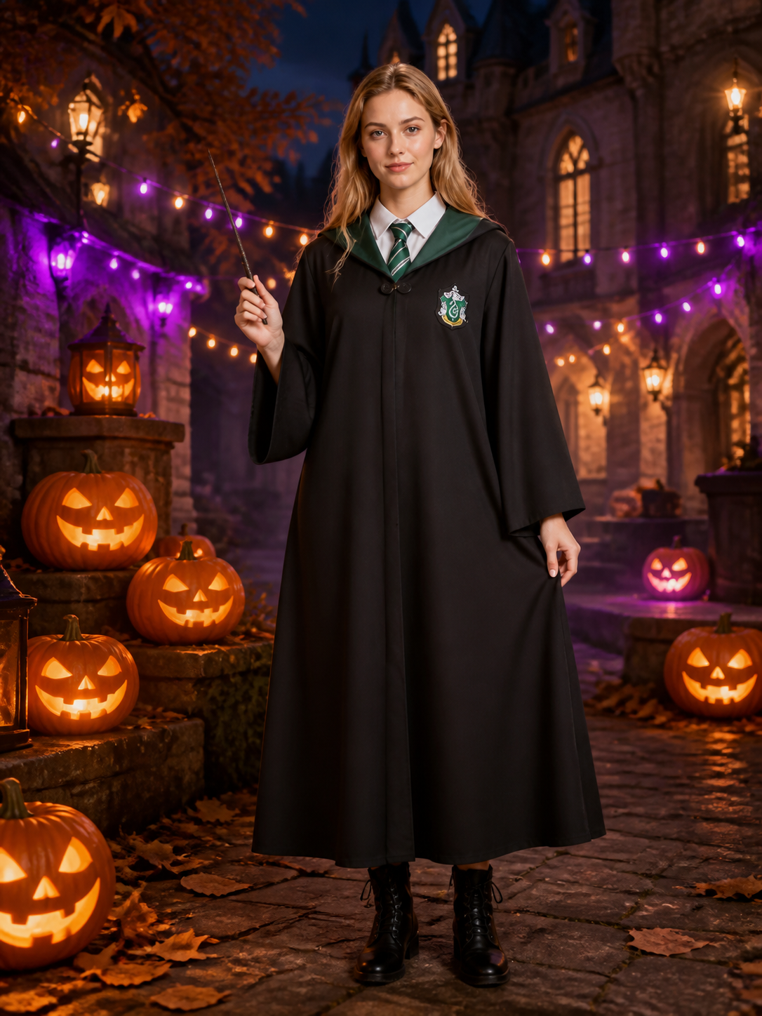 Wizard Robe Costume Set with Striped Tie, Long Black and Green Halloween Cosplay Costumes detail 2
