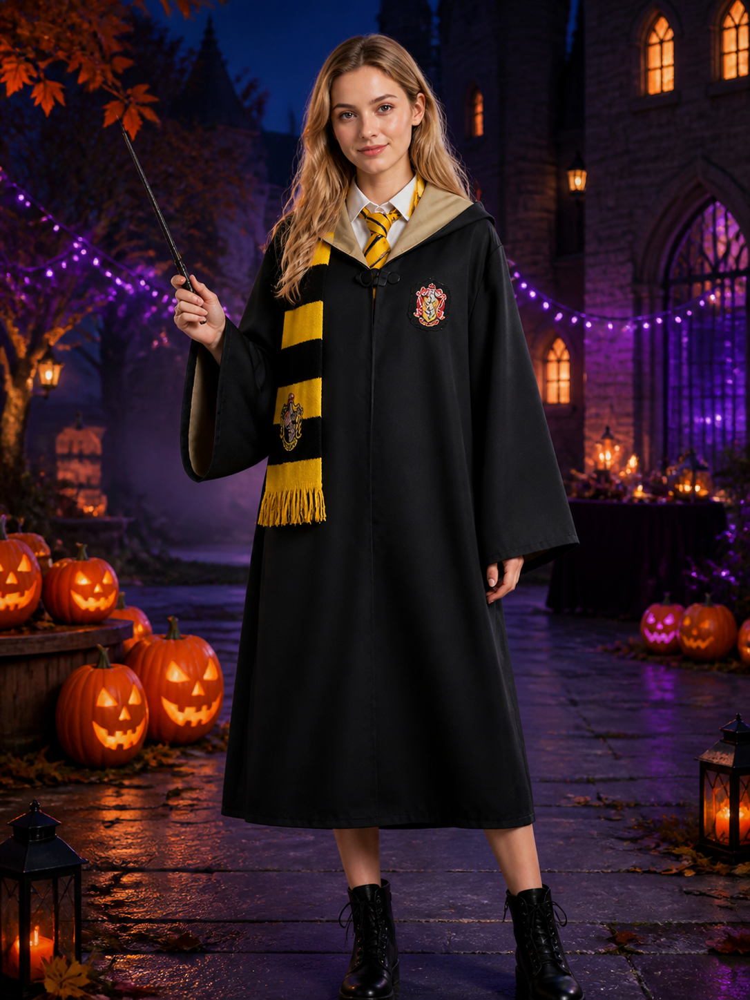 Kids' Hufflepuff Wizard Costume Set with Hooded Robe, Tie and Scarf Costumes detail 2