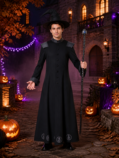 Black Witch Robe Costume Set with Pointed Wide-Brim Hat and Printed Magic Costume Headwear detail 2