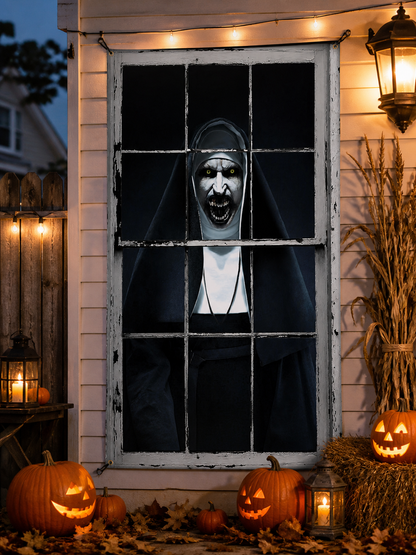 1pc Horror Nun Pattern Wall Cloth, Creepy Window Scene Backdrop Banner, Black