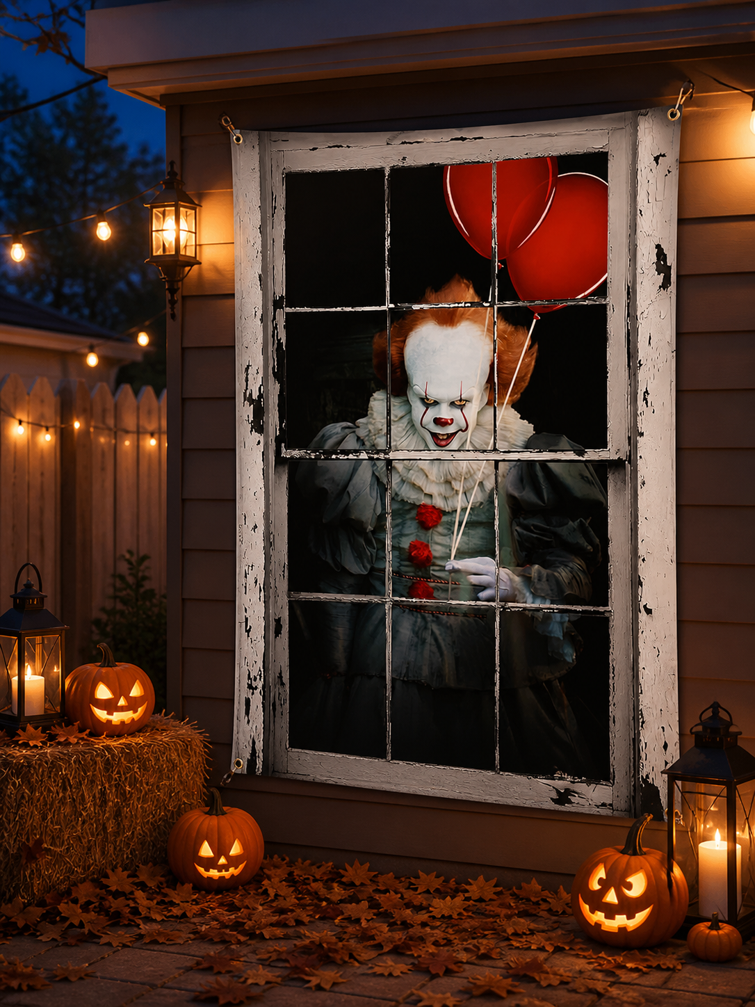 1pc Halloween Clown Backdrop, Vintage Window Frame with Red Balloons Costumes detail