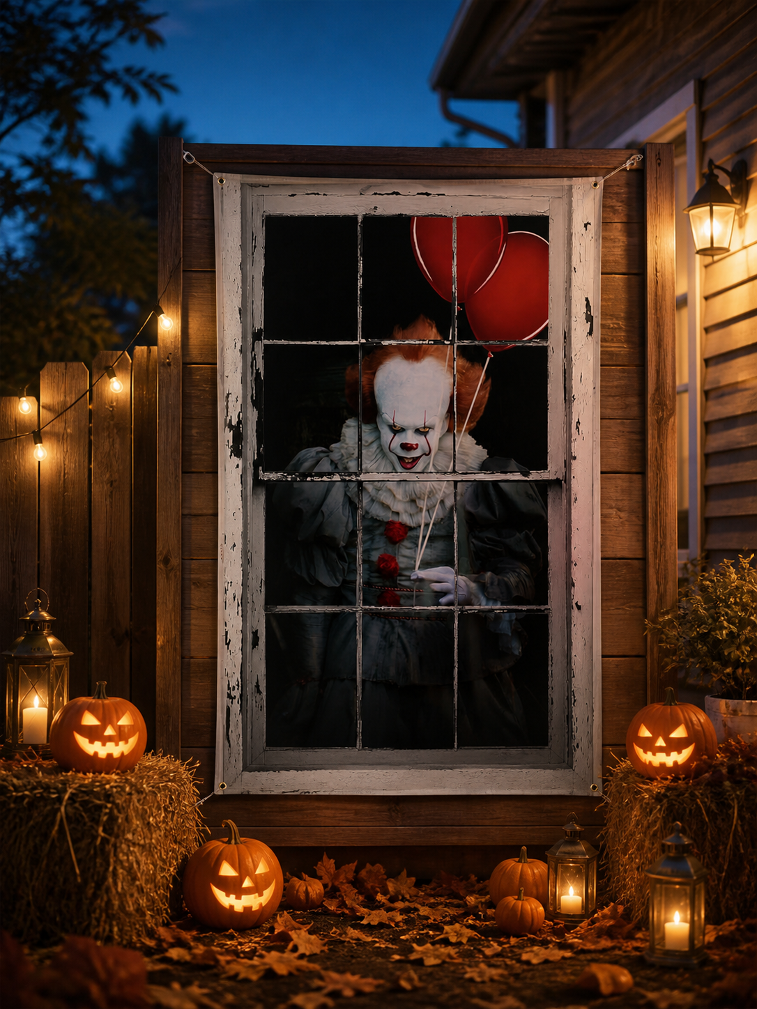 1pc Halloween Clown Backdrop, Vintage Window Frame with Red Balloons product view 8