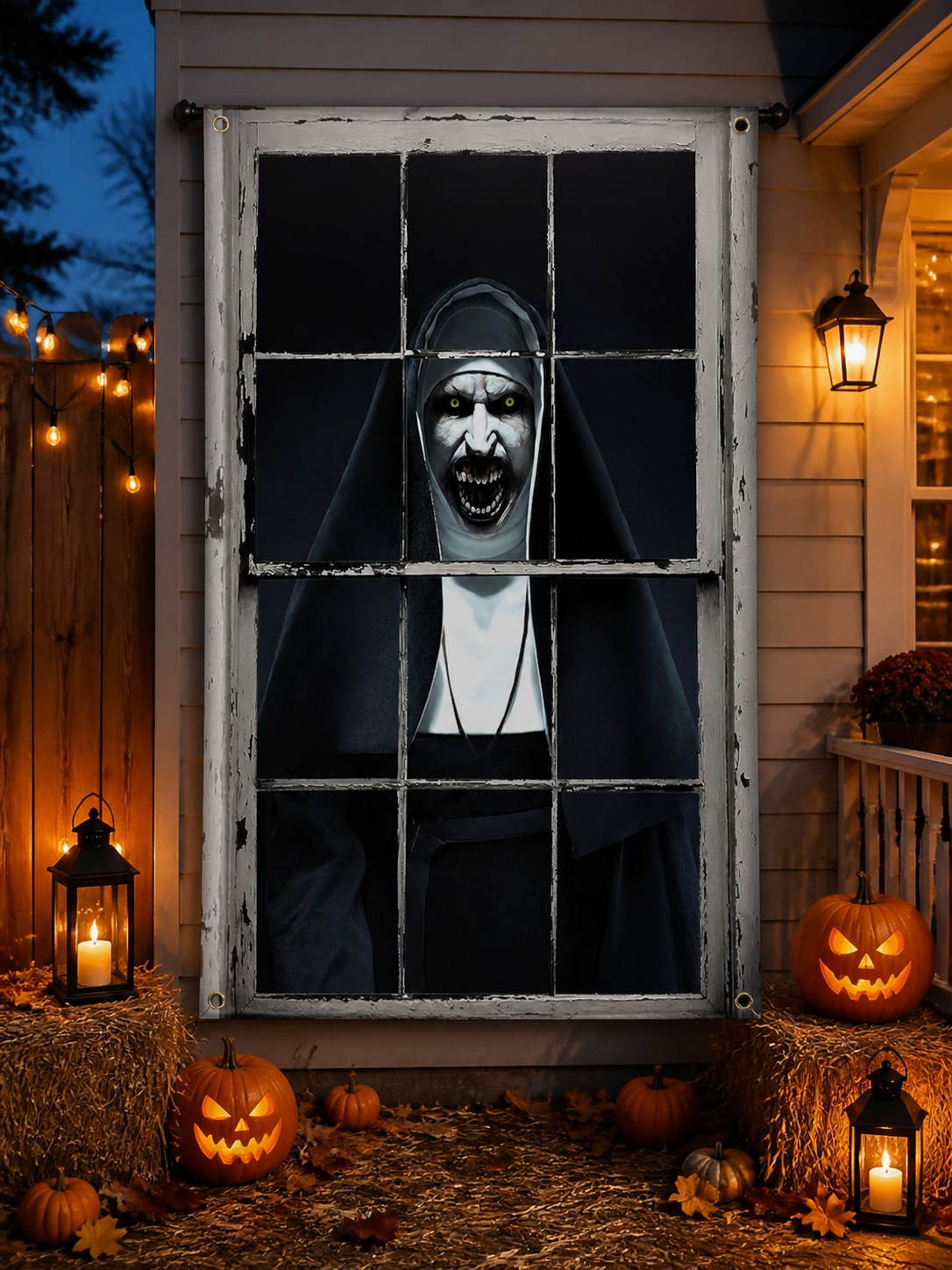 1pc Horror Nun Pattern Wall Cloth, Creepy Window Scene Backdrop Banner, Black product detail