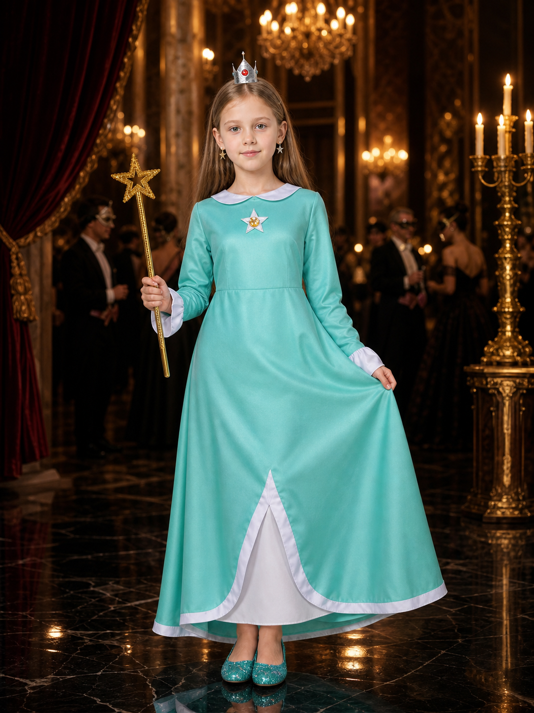 Kids' Peach Princess Costume Set - Dress with Crown, Brooch, Earrings & Magic Costume Dresses detail