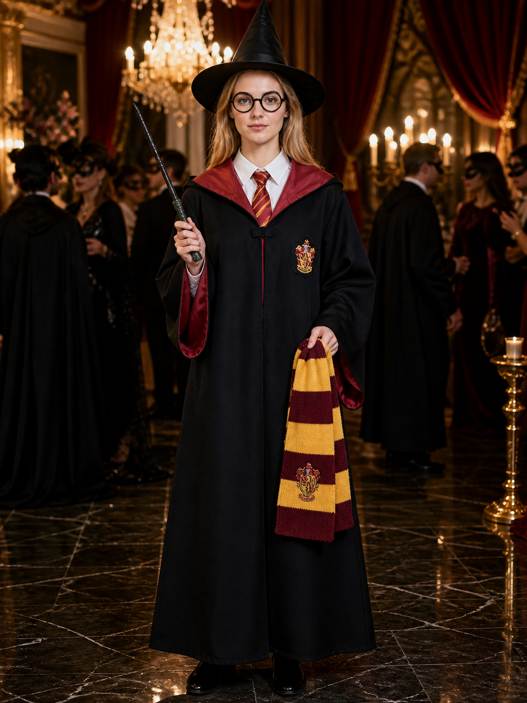 Wizard Robe Costume Set, Hooded Long Cloak With Scarf, Hat, Glasses, Wand, Tie & Costume Capes detail