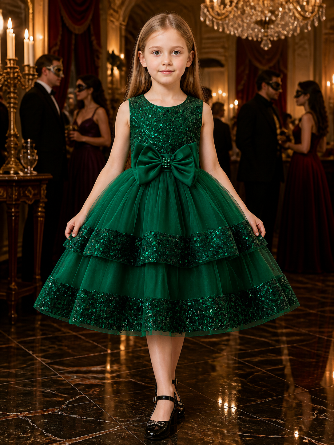 Girls' Dark Green Sequined Princess Dress, Layered Mesh Skirt With Satin Bow
