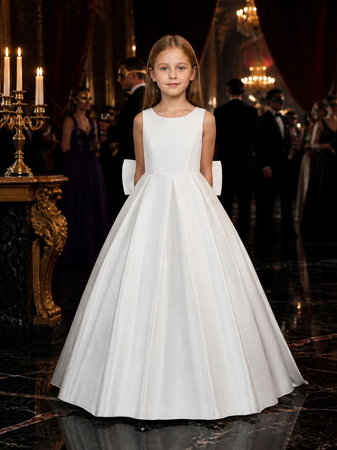 Girls' White Satin Princess Dress, Sleeveless A-Line Long Formal Gown Costume Dresses detail