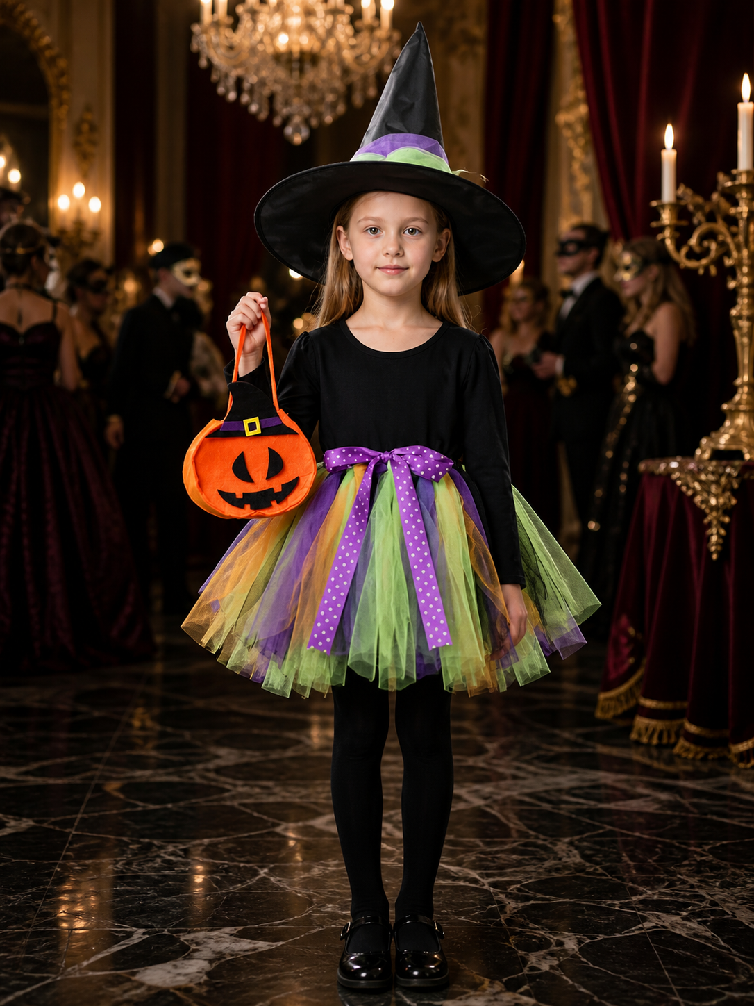Kids' Halloween Witch Costume Set, Long Sleeve Top, Layered Skirt, Hat and Costume Headwear detail