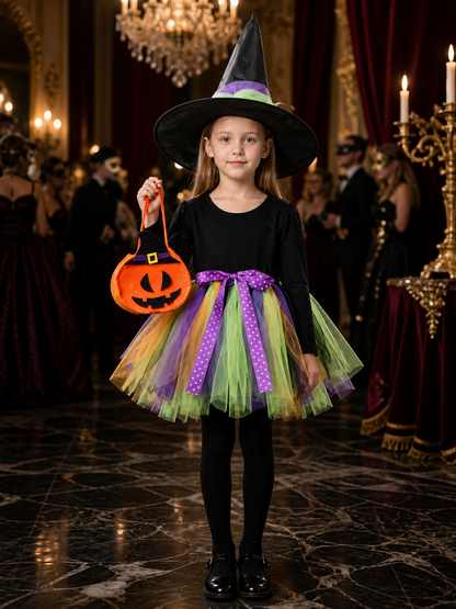 Kids' Halloween Witch Costume Set, Long Sleeve Top, Layered Skirt, Hat and Costume Headwear detail