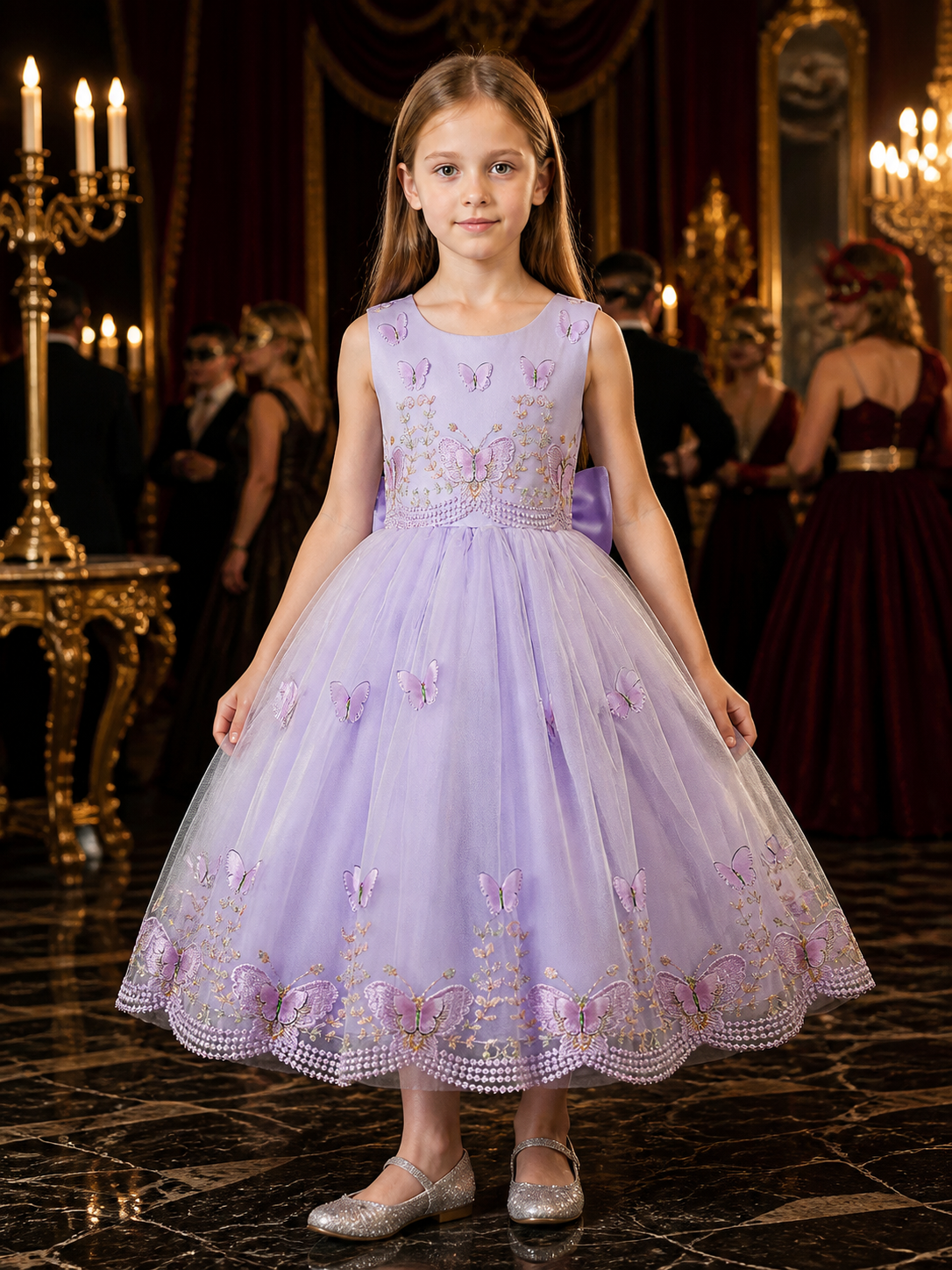 Girls' Lavender Princess Dress with Butterfly Embroidery and Bow Details Costume Dresses detail