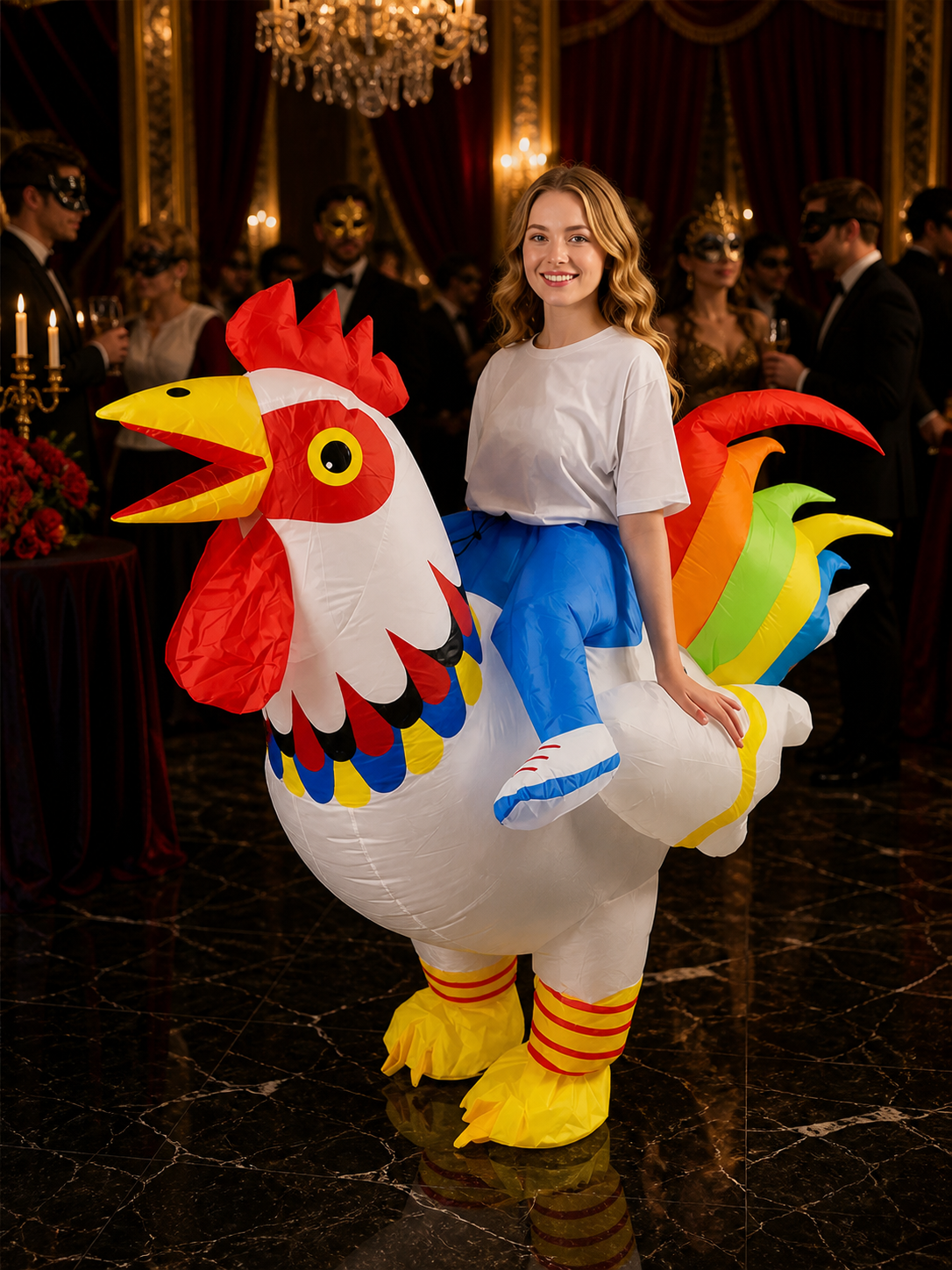 Inflatable Rooster Halloween Costume with Colorful Feathers, Open Beak and Costumes detail