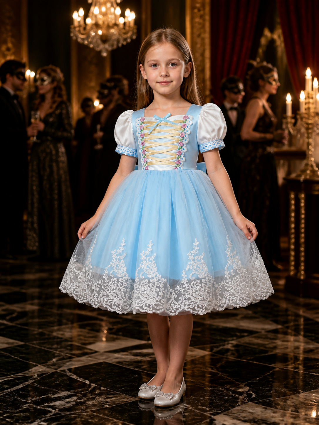 Girls' Sky Blue Princess Dress, Puff Sleeve Tulle Dress With Bow And Lace Trim Costume Dresses detail