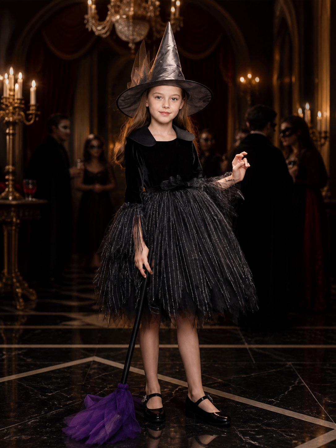 Women's Witch Costume Dress, Black Long Sleeve Layered Halloween Outfit Costume Dresses detail