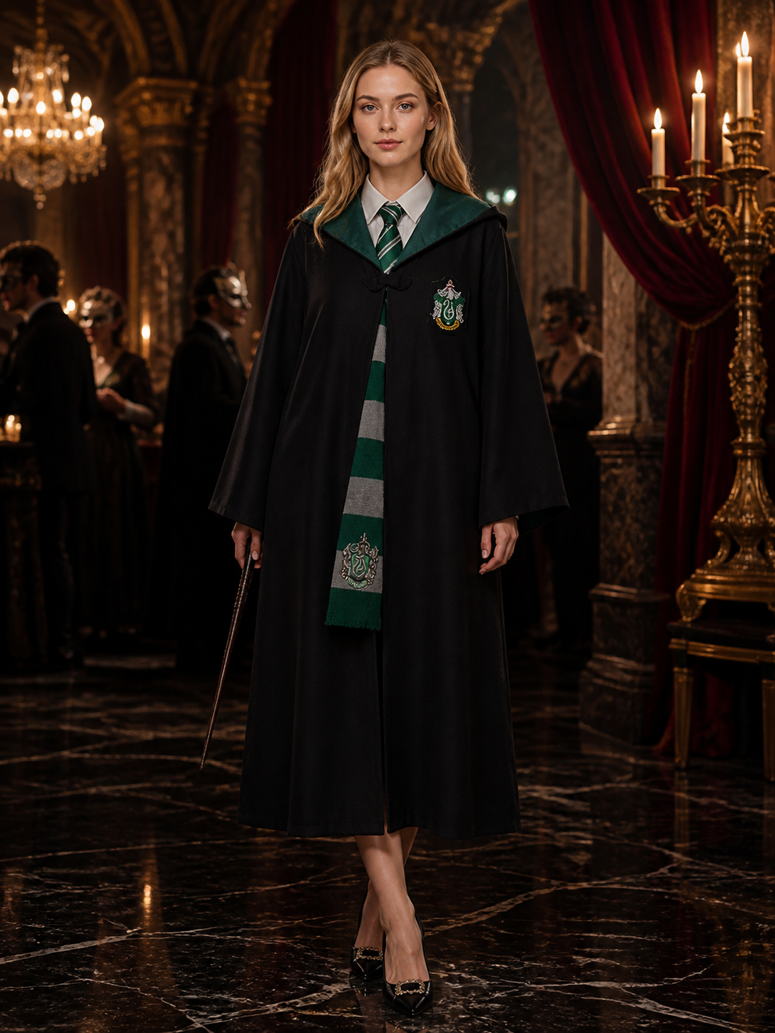 Green Gray Striped Wizard Cloak Costume Set with Hooded Robe, Scarf, and Tie Costume Capes detail