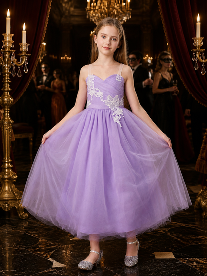 Girls' Light Purple Princess Dress, Layered Tulle Lace Bow Formal Gown Costume Dresses detail