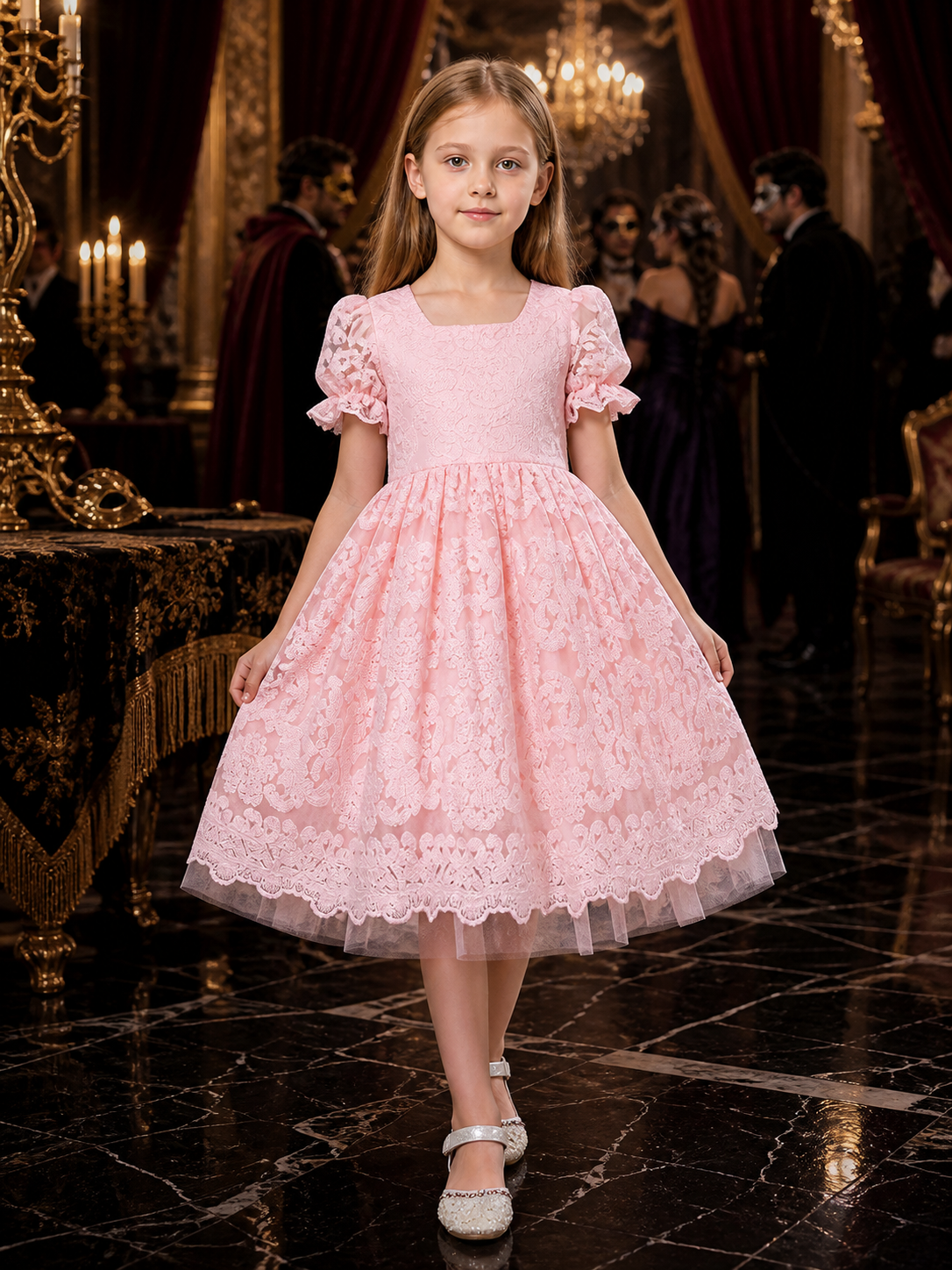 Girls' Pink Lace Princess Dress, Square Neck, Floral Pattern, Puff Skirt Costume Dresses detail