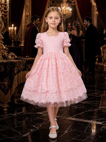 Girls' Pink Lace Princess Dress, Square Neck, Floral Pattern, Puff Skirt Costume Dresses detail