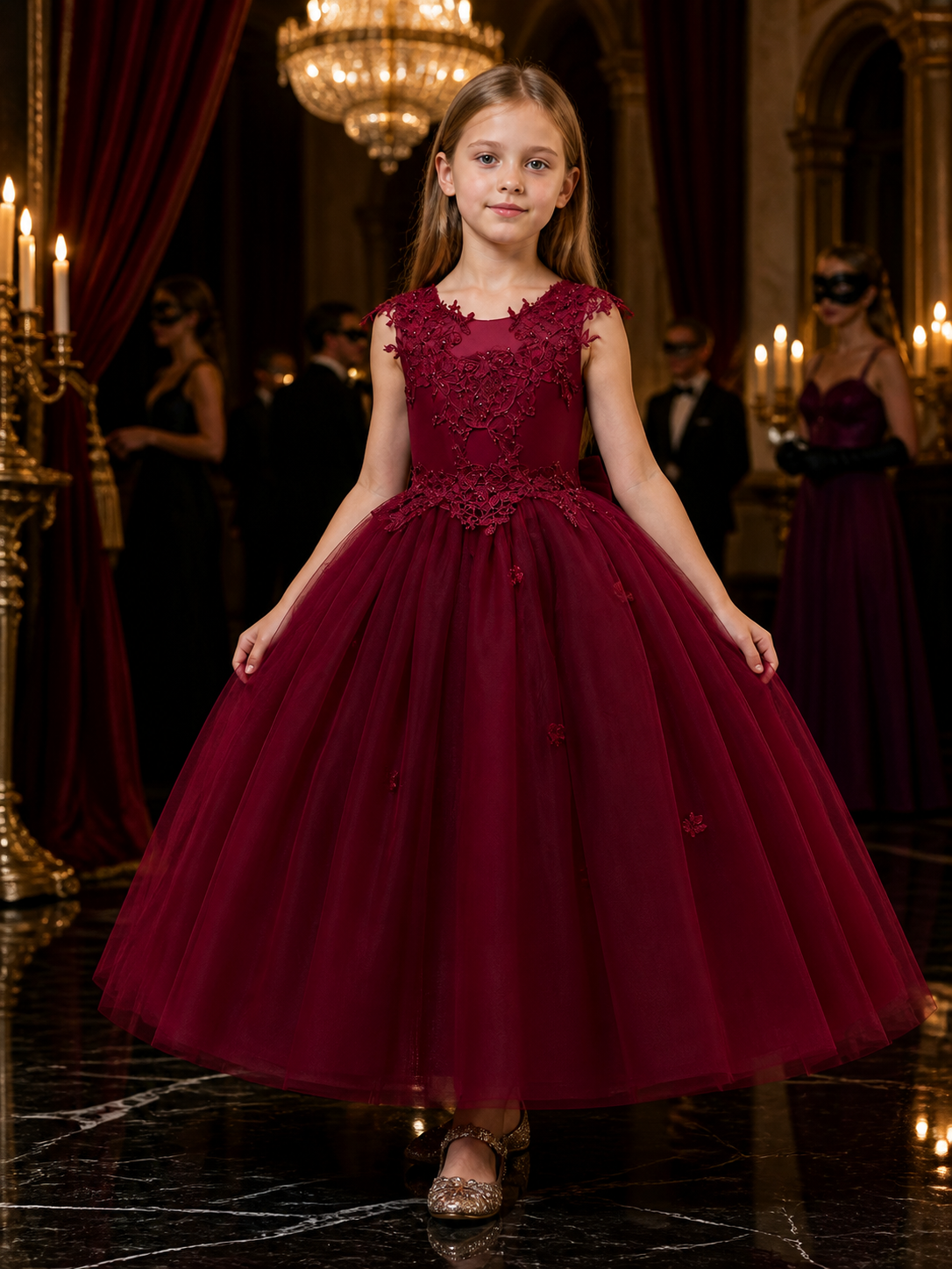 Girls' Burgundy Flower Girl Princess Dress, Sleeveless Floral Lace Gown Costume Dresses detail