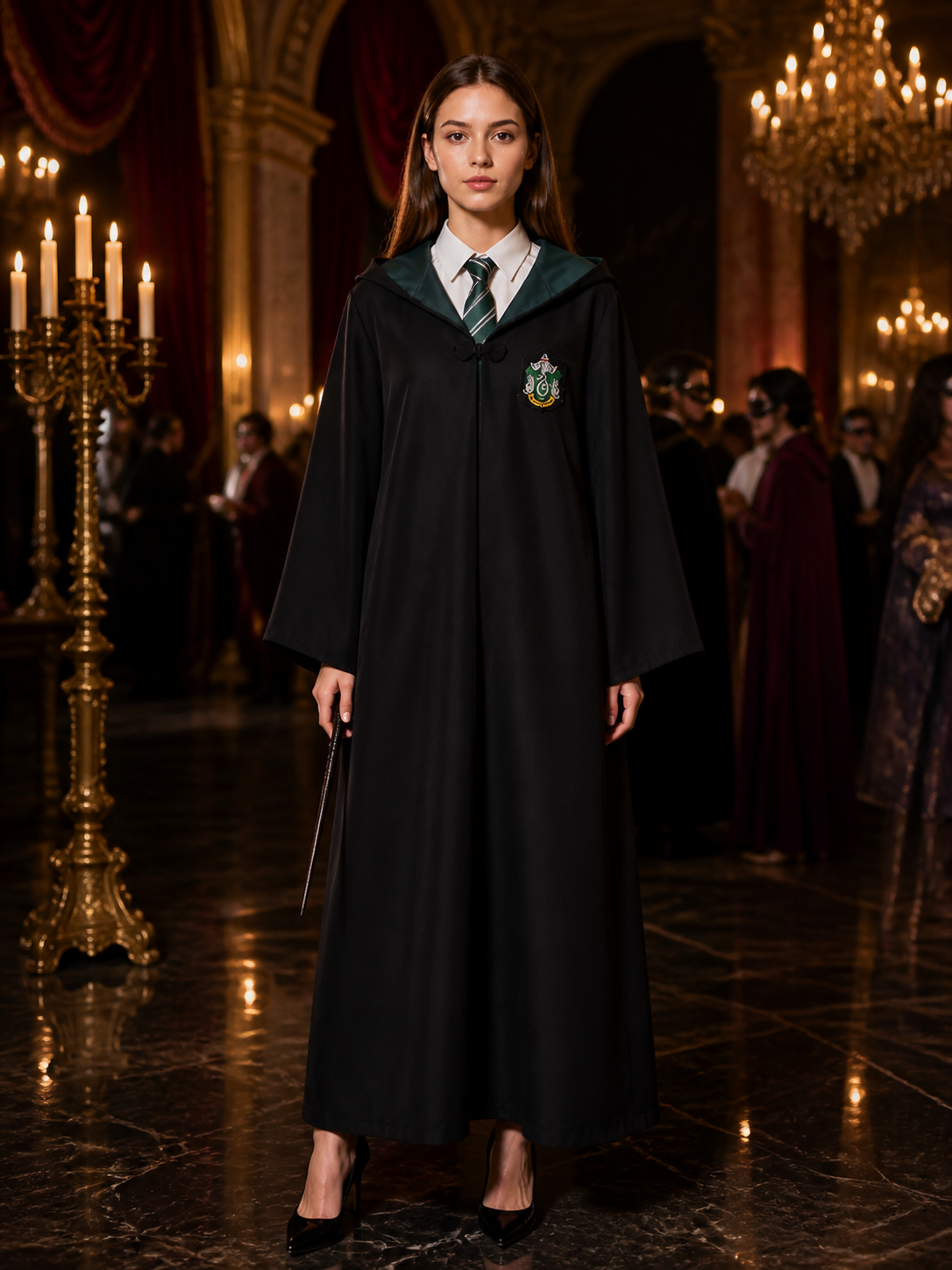 Slytherin Wizard Robe Costume Set with Tie, Hooded Halloween Outfit Costumes detail