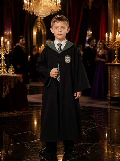 Deep Green Wizard Robe Costume Set, Hooded Button-Front Robe with Striped Tie Costumes detail