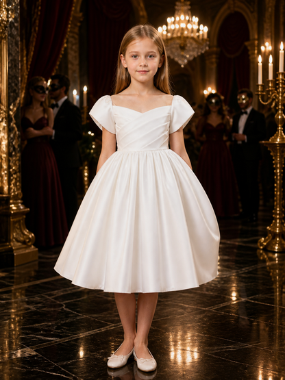 Girls' White Princess Dress, Short Sleeve Pleated Full-Skirt Formal Dress