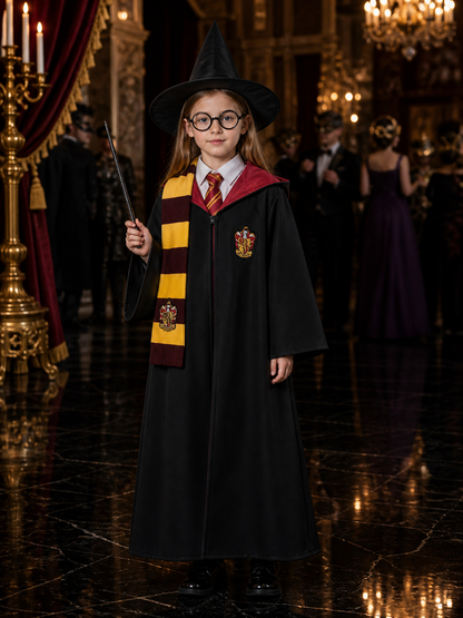 Hooded Wizard Costume Set with Robe, Hat, Scarf, Tie, Glasses, Shirt and Wand Costume Headwear detail